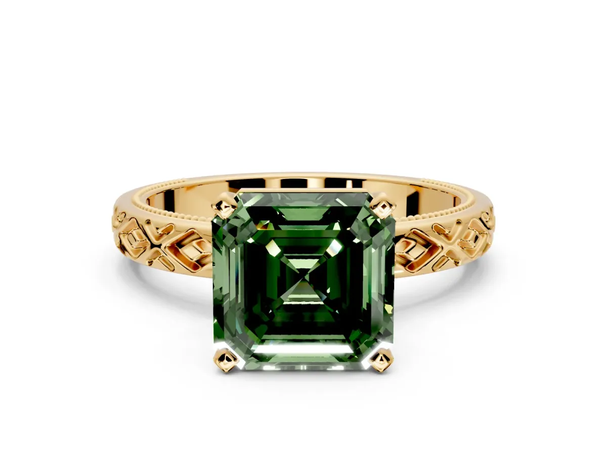 Solitaire Engagement Ring Setting for Fancy Green Asscher Cut Center with Milgrain X Pattern Band and Prong Head in Yellow Gold