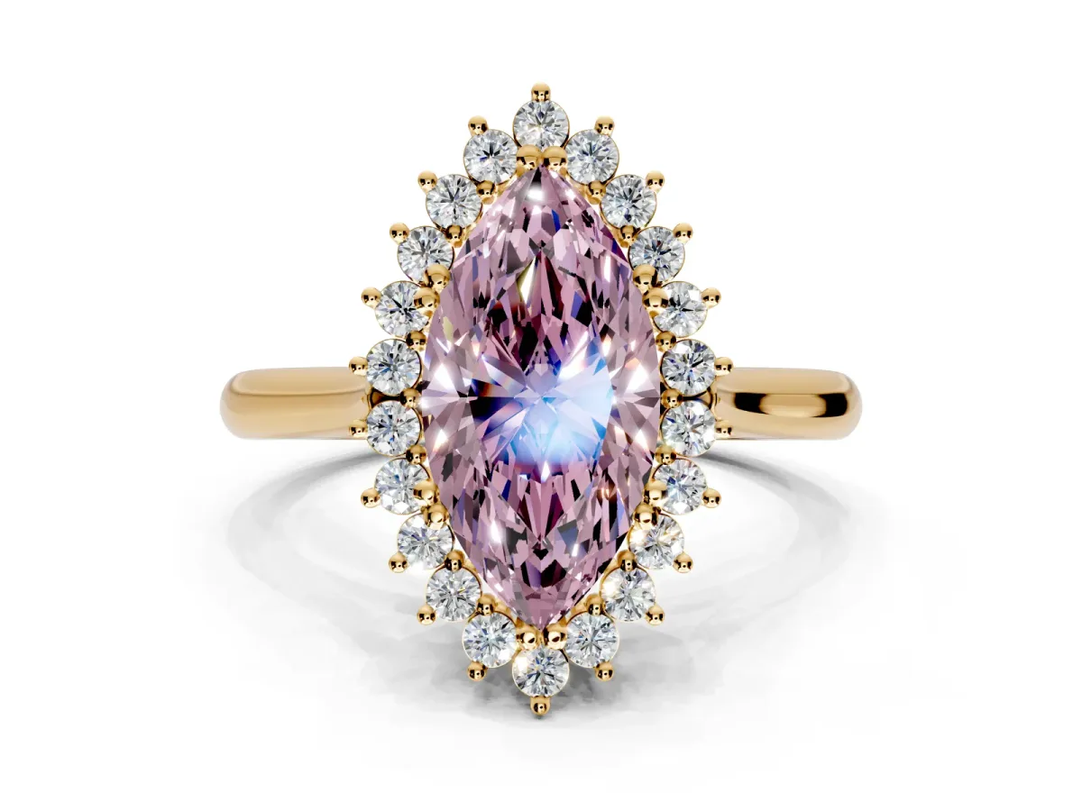 Starburst Halo Engagement Ring Setting for Fancy Pink Marquise Center with Thin Round-Wire Band and Prong Head in Yellow Gold