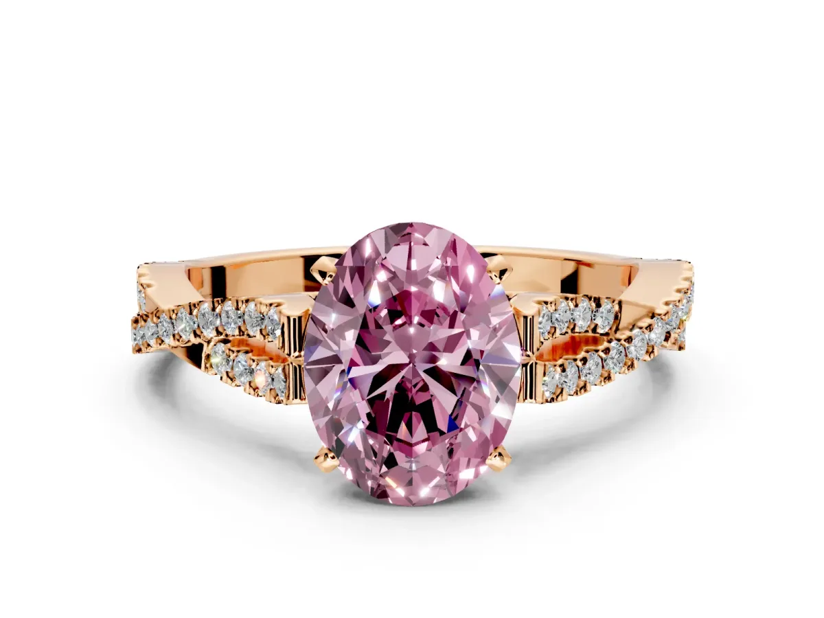 Solitaire Engagement Ring Setting for Fancy Pink Oval Center with Twisted Pave Split Shank and Prong Head in Rose Gold