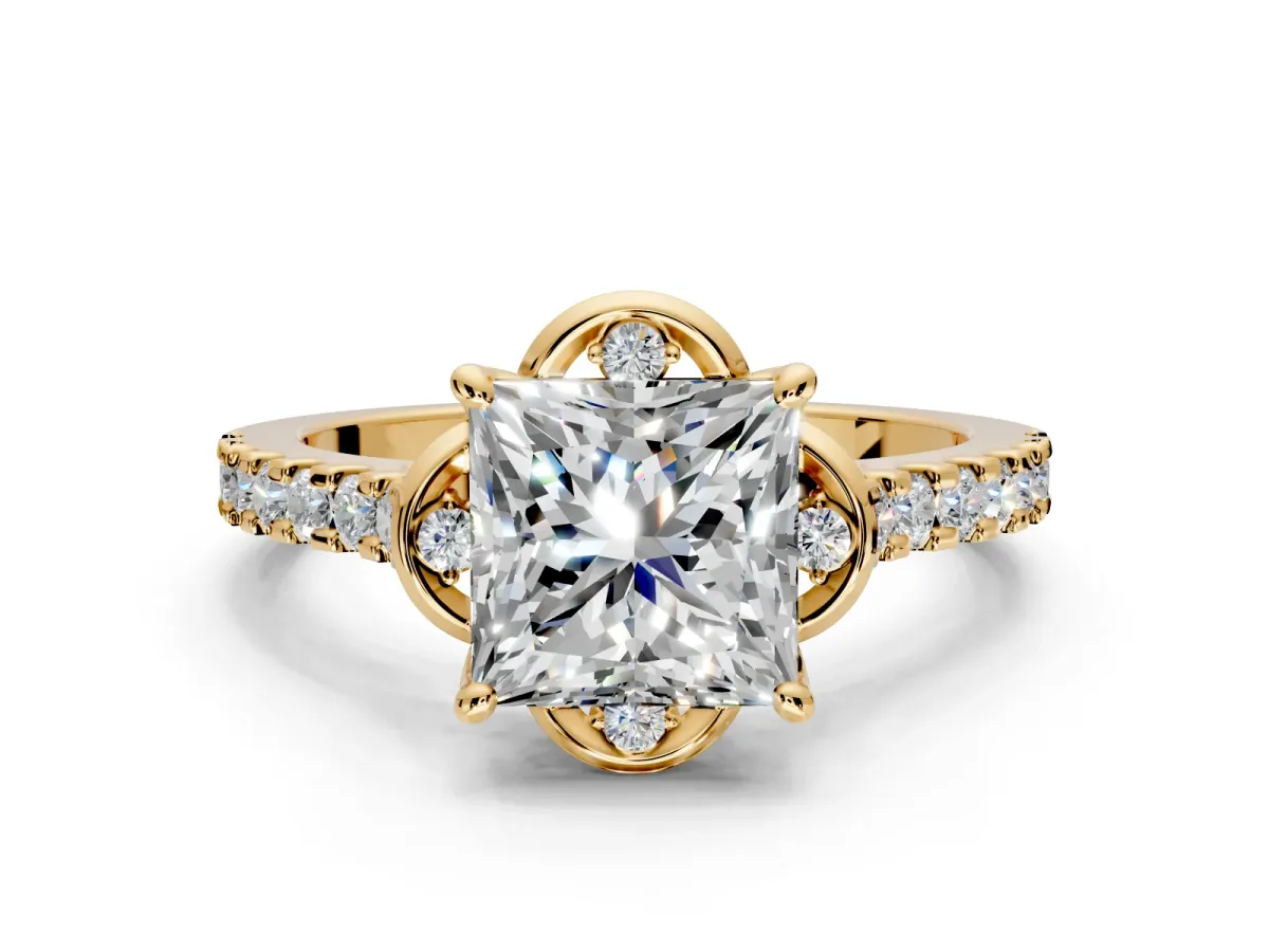Floral Engagement Ring Setting for Princess Cut Center with Pave Band and Floral Prong Head in Yellow Gold
