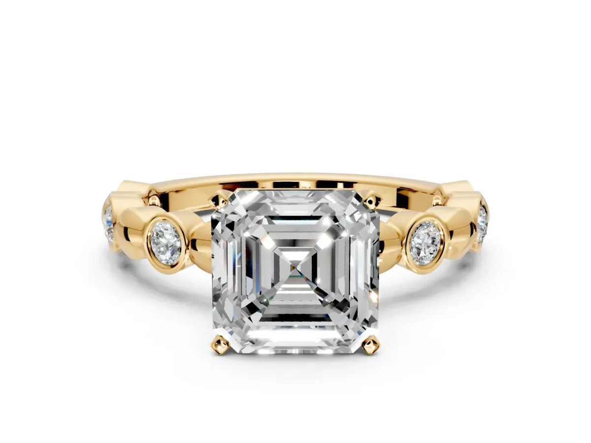 Solitaire Engagement Ring Setting for Asscher Cut Center with Beaded Bezel Station Band and Prong Head in Yellow Gold