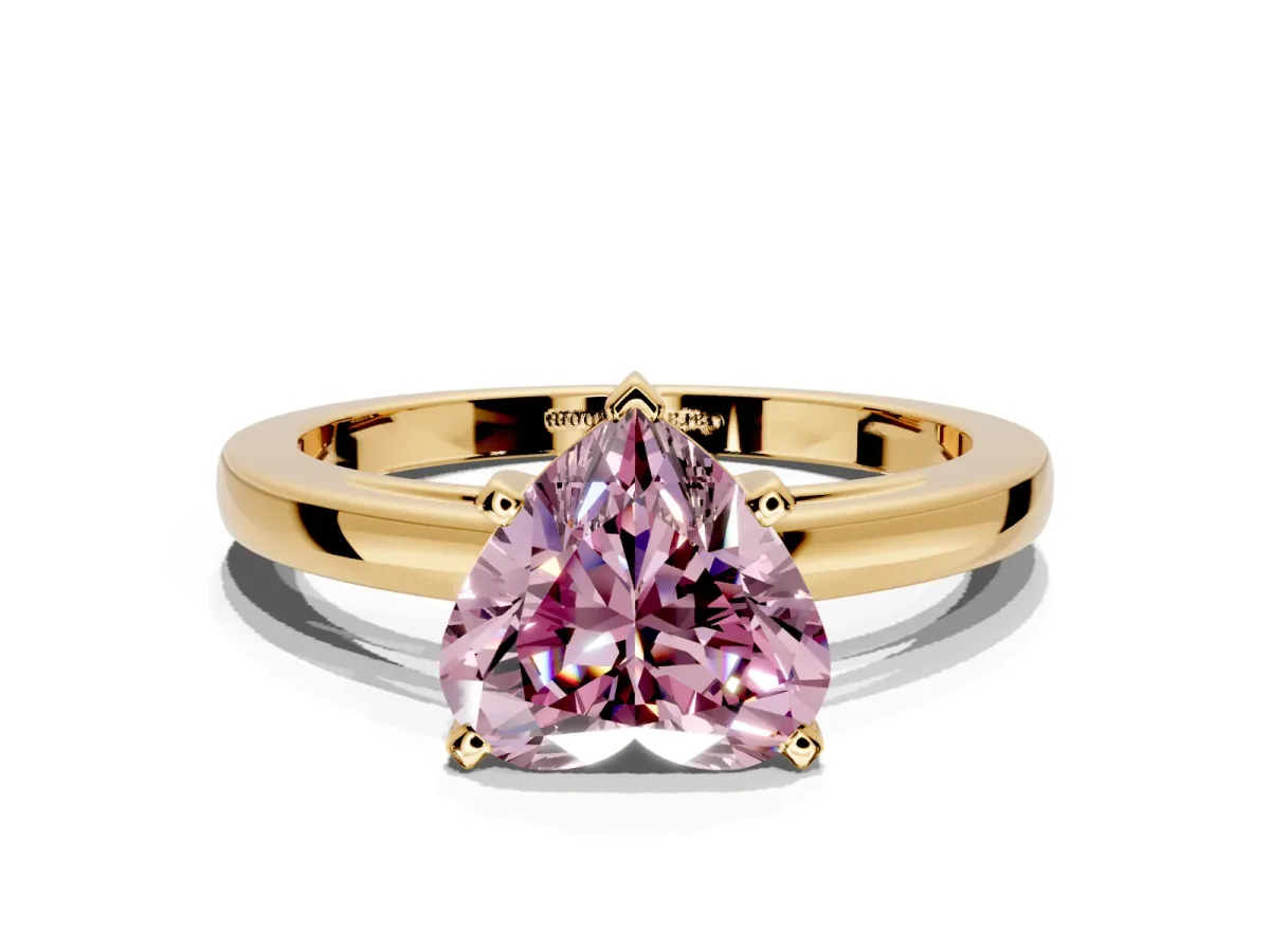 Solitaire Engagement Ring Setting for Fancy Pink Heart-Shaped Center with Basket Rail and Prong Head in Yellow Gold