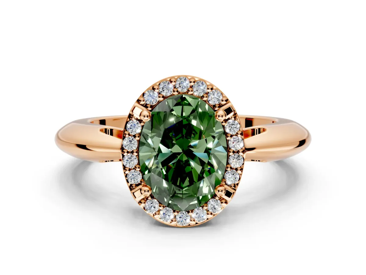 Halo Engagement Ring Setting for Fancy Green Oval Center with Tapered Plain Band and Prong Head in Rose Gold