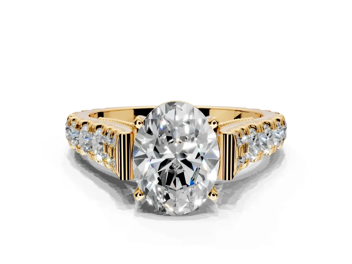 Solitaire Engagement Ring Setting for Oval Center with Pave Cathedral Shoulders and Prong Head in Yellow Gold