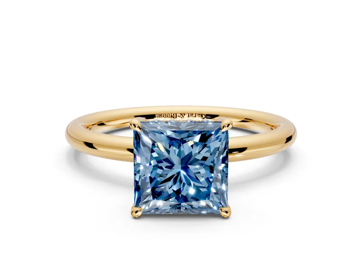 Hidden Halo Engagement Ring Setting for Fancy Blue Princess Cut Center with Thin Rounded Band and Prong Head in Yellow Gold