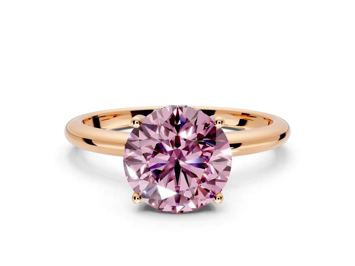 Hidden Halo Engagement Ring Setting for Fancy Pink Round Cut Center with Thin Round-Wire Band and Prong Head in Rose Gold