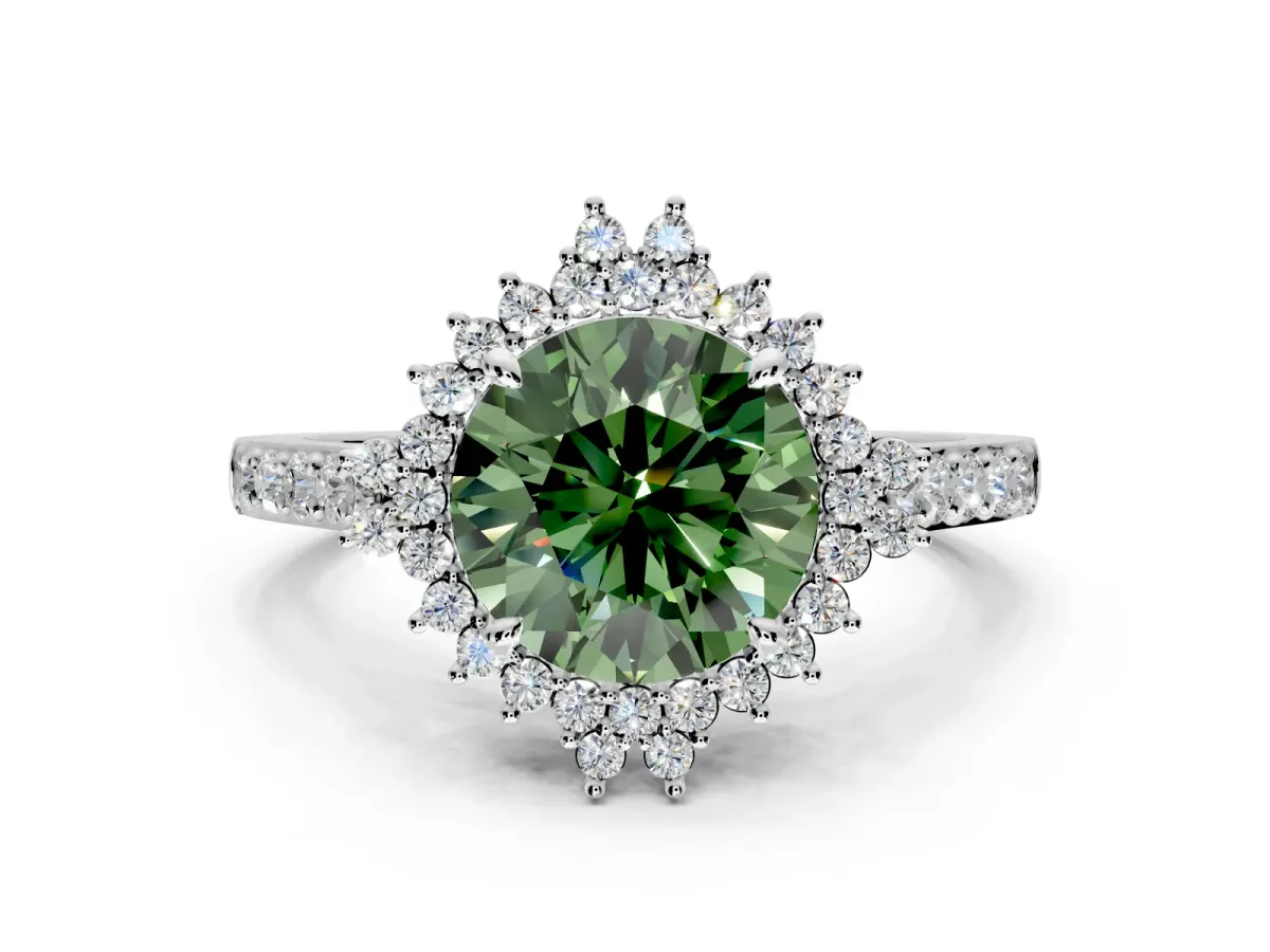 Sunburst Halo Engagement Ring Setting for Fancy Green Round Cut Center with Pave Band and Prong Head in White Gold