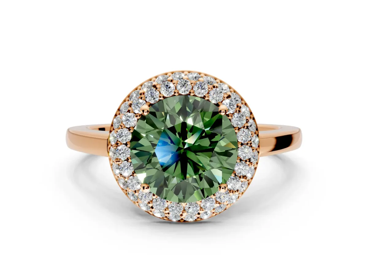 Halo Engagement Ring Setting for Fancy Green Round Cut Center with Plain Tapered Band and Prong Head in Rose Gold