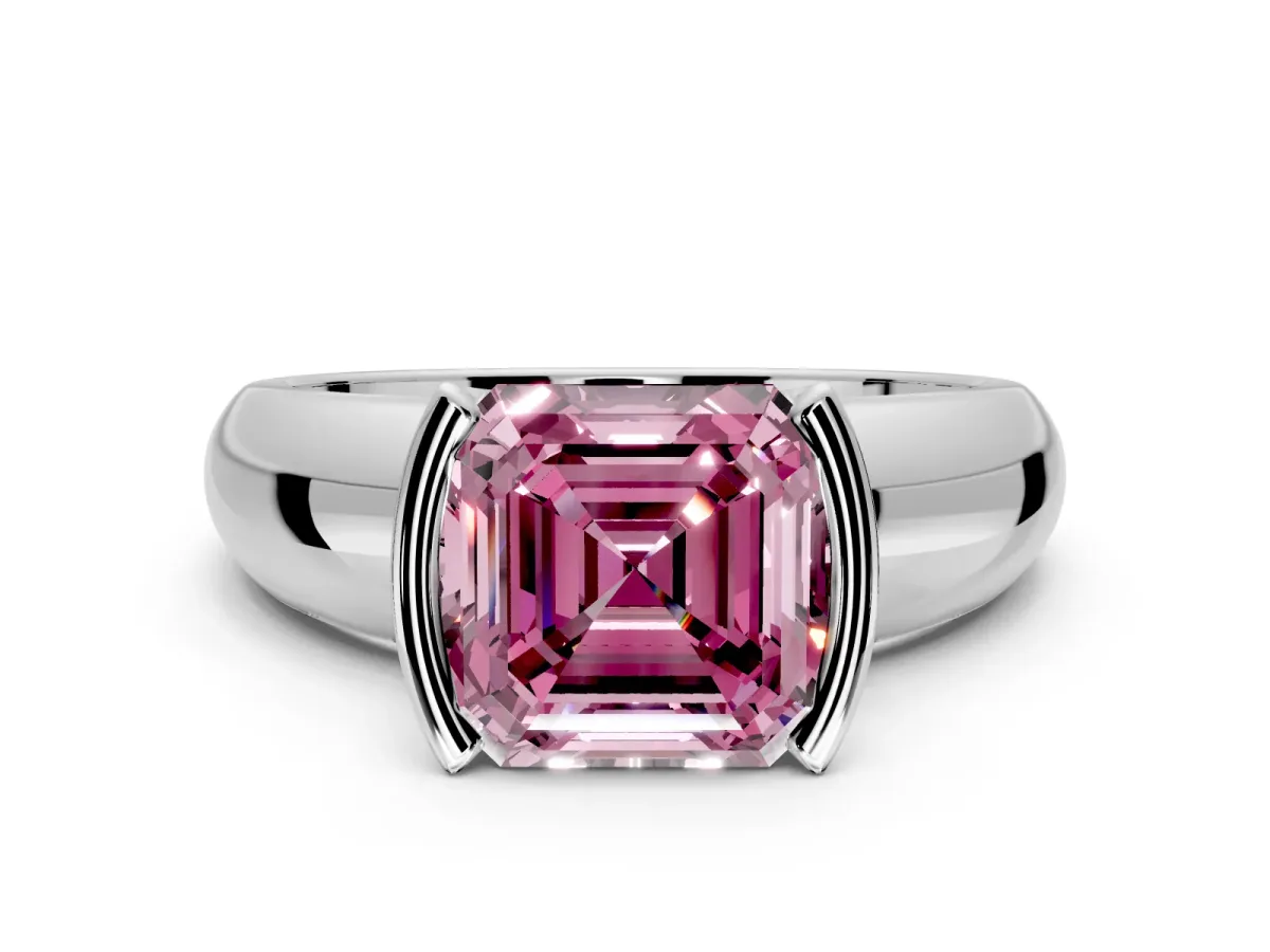 Tension Engagement Ring Setting for Fancy Pink Asscher Cut Center with Wide Flat Band and Tension Head in Platinum