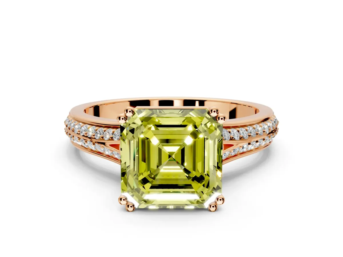 Solitaire Engagement Ring Setting for Fancy Yellow Asscher Cut Center with Pave Rail Split Shank and Prong Head in Rose Gold