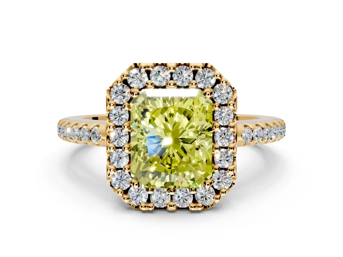 Pave Halo Engagement Ring Setting for Fancy Yellow Radiant Cut Center with Single Row Pave Band and Prong Head in Yellow Gold