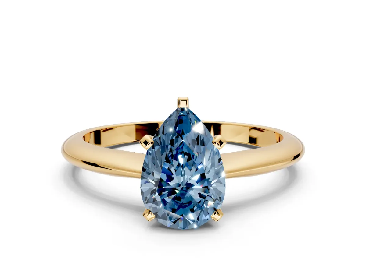 Solitaire Engagement Ring Setting for Fancy Blue Pear-Shaped Center with Knife Ridge Band and Claw Prong Head in Yellow Gold