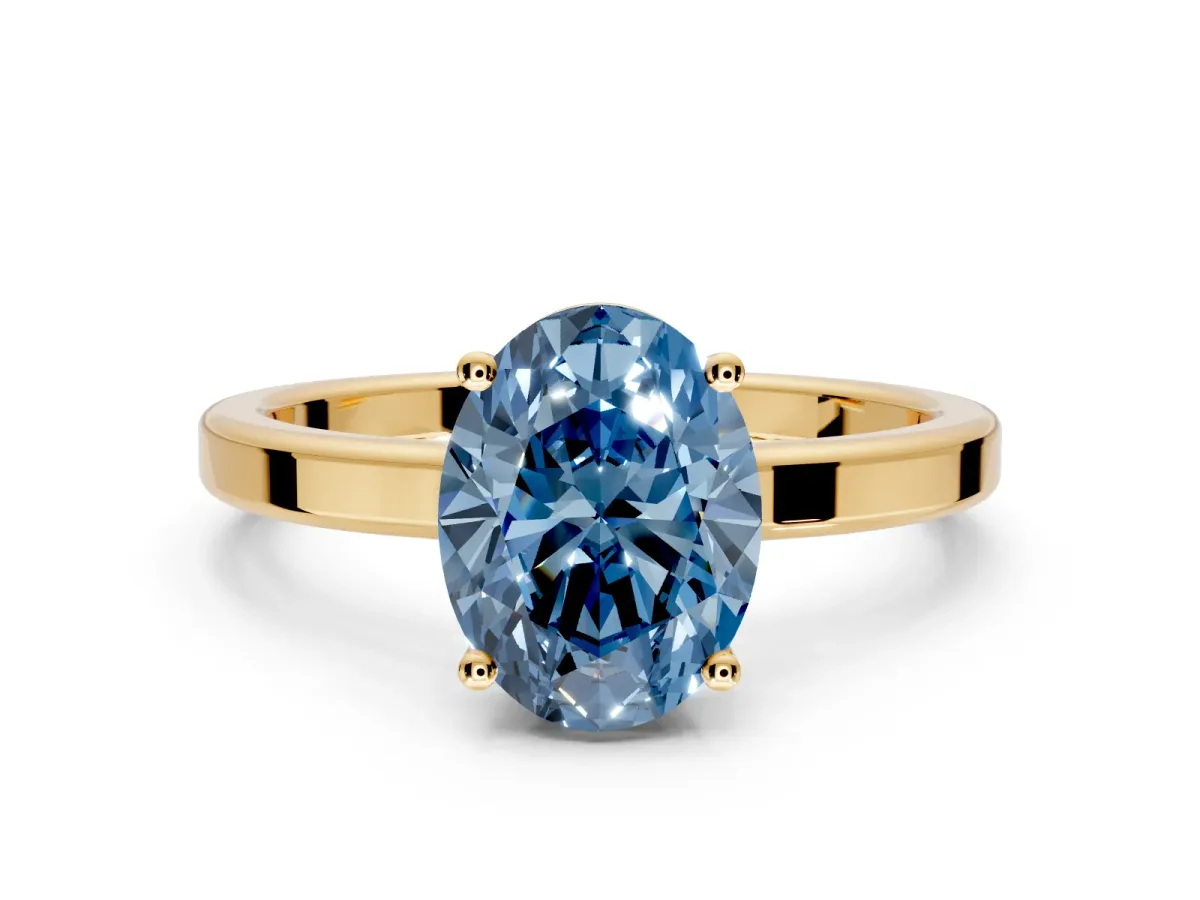 Hidden Halo Engagement Ring Setting for Fancy Blue Oval Center with Wide Flat Plain Band and Prong Head in Yellow Gold