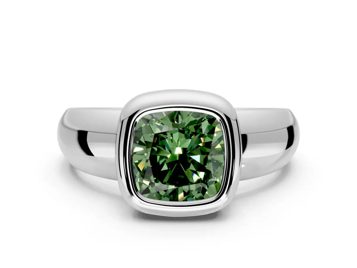 Solitaire Engagement Ring Setting for Fancy Green Cushion Cut Center with Wide Band and Bezel Head in Sterling Silver