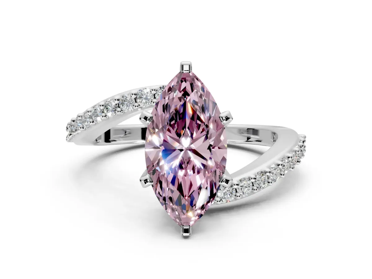 Solitaire Engagement Ring Setting for Fancy Pink Marquise Center with Pave Bypass Swirl Band and Prong Head in White Gold
