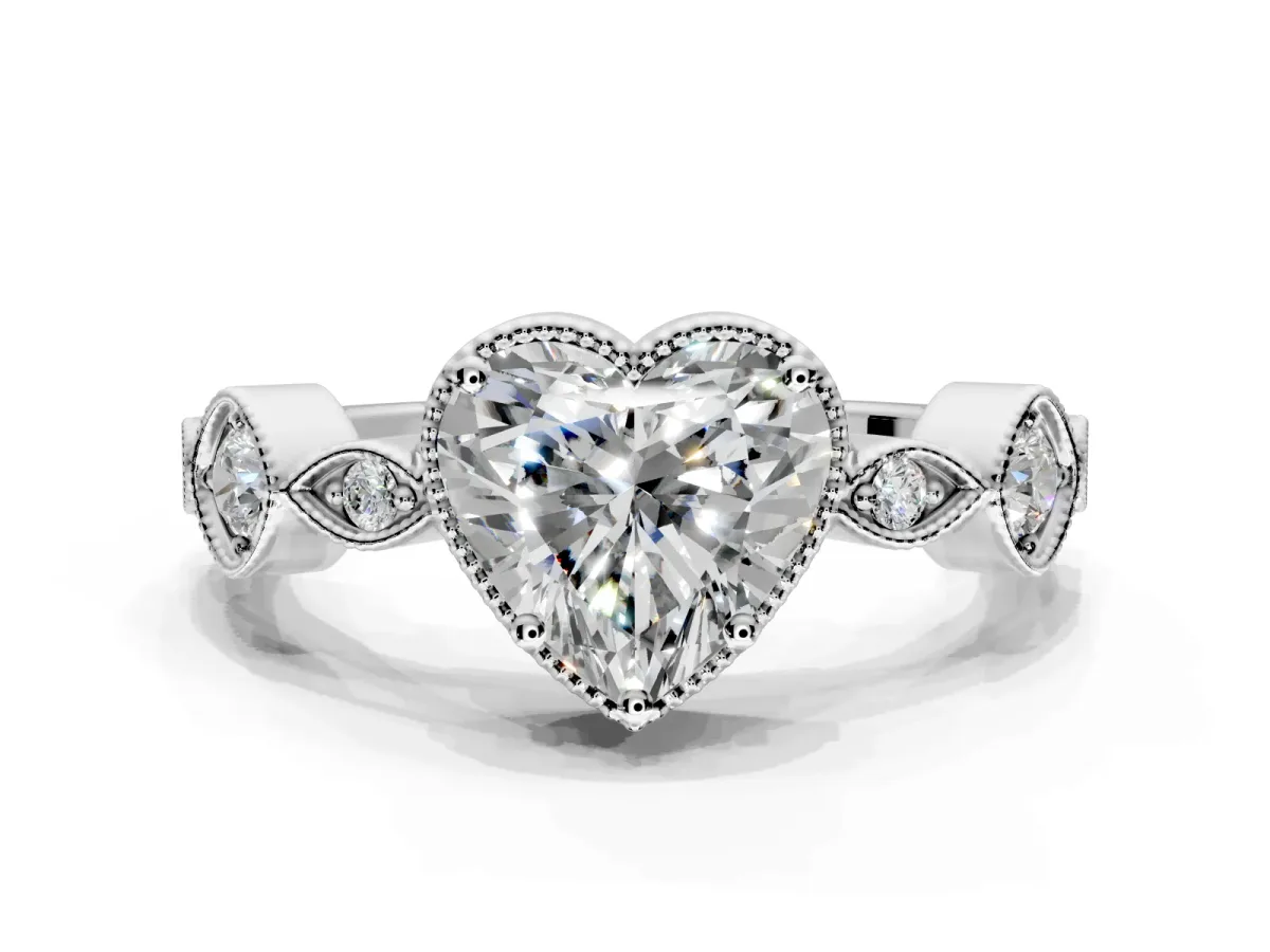 Vintage Station Engagement Ring Setting for Heart-Shaped Center with Accents and Prong Head in Platinum