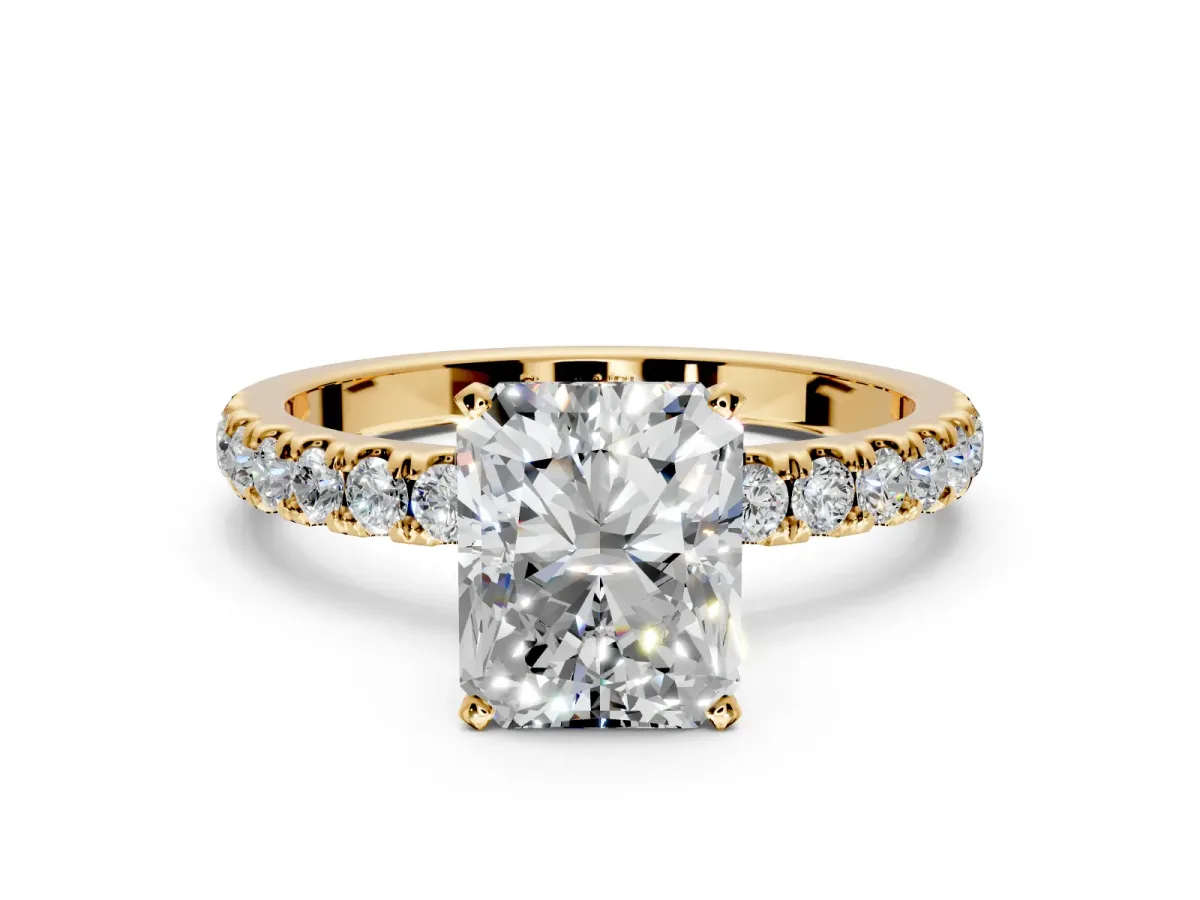 Open Basket Engagement Ring Setting for Radiant Cut Center with Pave Band and Prong Head in Yellow Gold