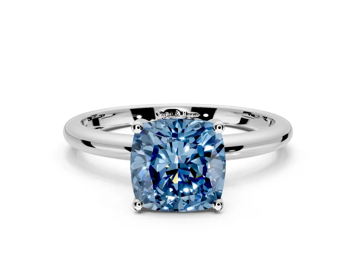 Hidden Halo Engagement Ring Setting for Fancy Blue Cushion Cut Center with Thin Round-Wire Band and Prong Head in Sterling Silver