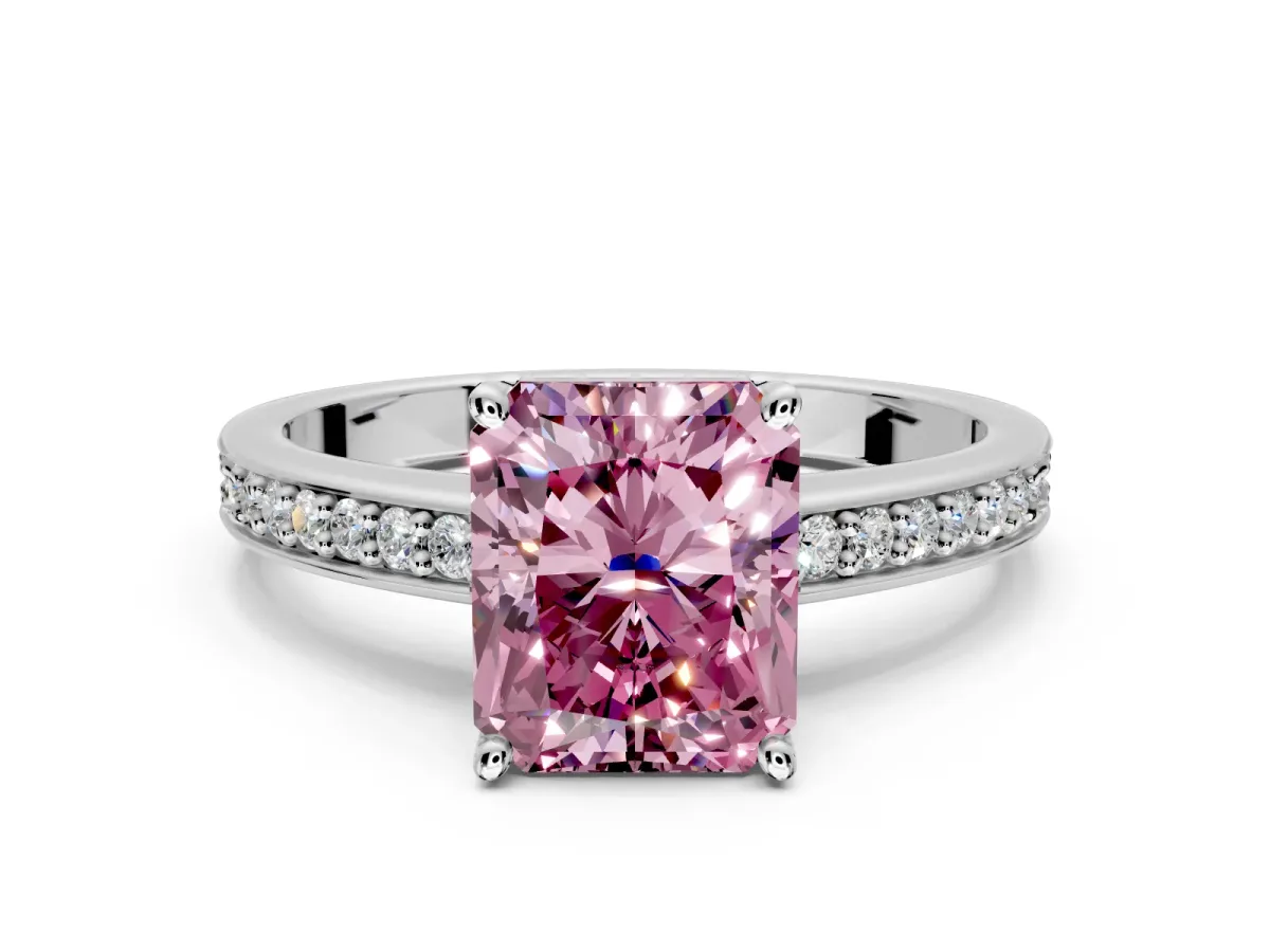 Solitaire Engagement Ring Setting for Fancy Pink Radiant Cut Center with Channel-Set Accent Band and Prong Head in Sterling Silver