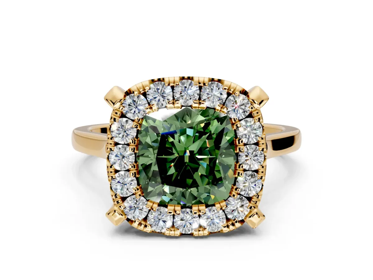 Single Halo Engagement Ring Setting for Fancy Green Cushion Cut Center with Corner Claws, Plain Band and Prong Head in Yellow Gold