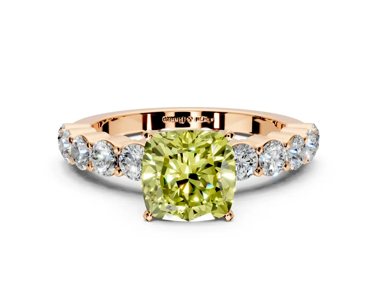 Shared-Prong Engagement Ring Setting for Fancy Yellow Cushion Cut Center with Graduated Accents and Prong Head in Rose Gold