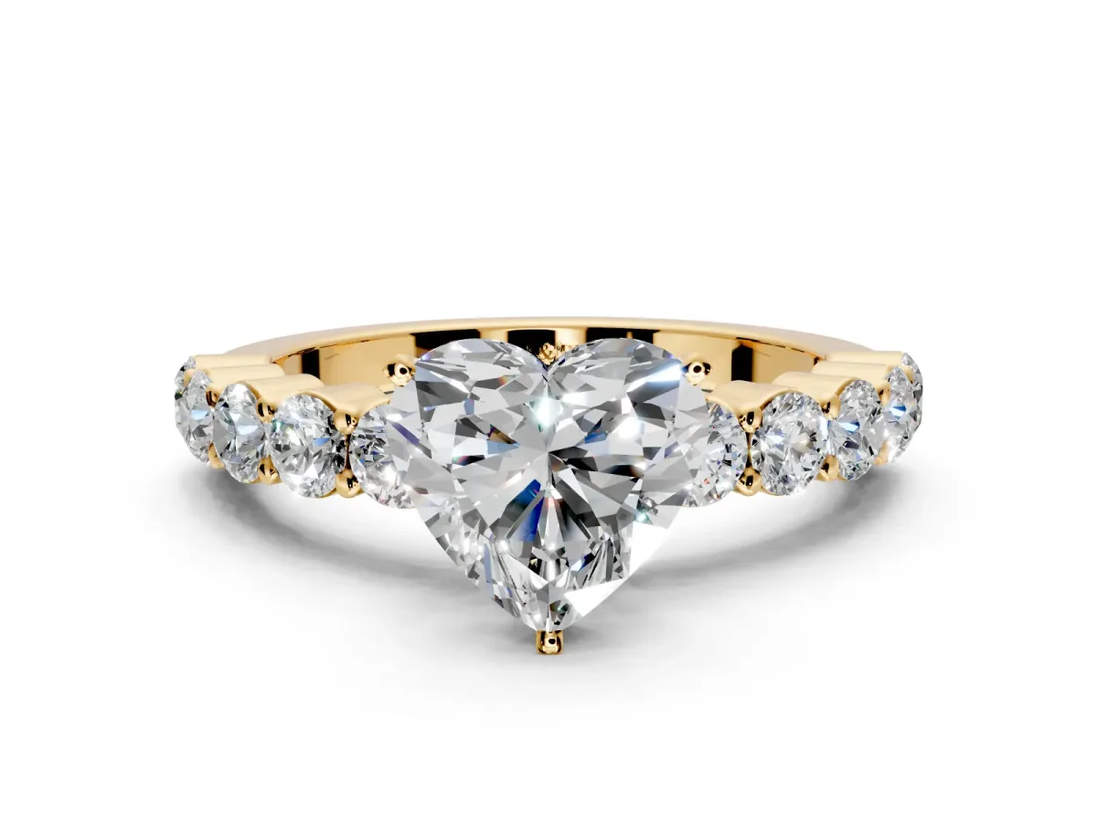 Shared-Prong Engagement Ring Setting for Heart-Shaped Center with Graduated Accents and Prong Head in Yellow Gold