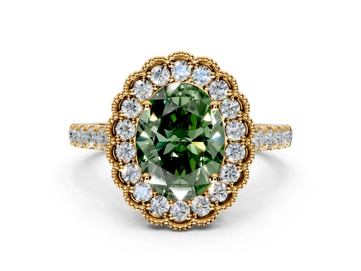 Milgrain Floral Halo Engagement Ring Setting for Fancy Green Oval Center with Pave Band and Prong Head in Yellow Gold