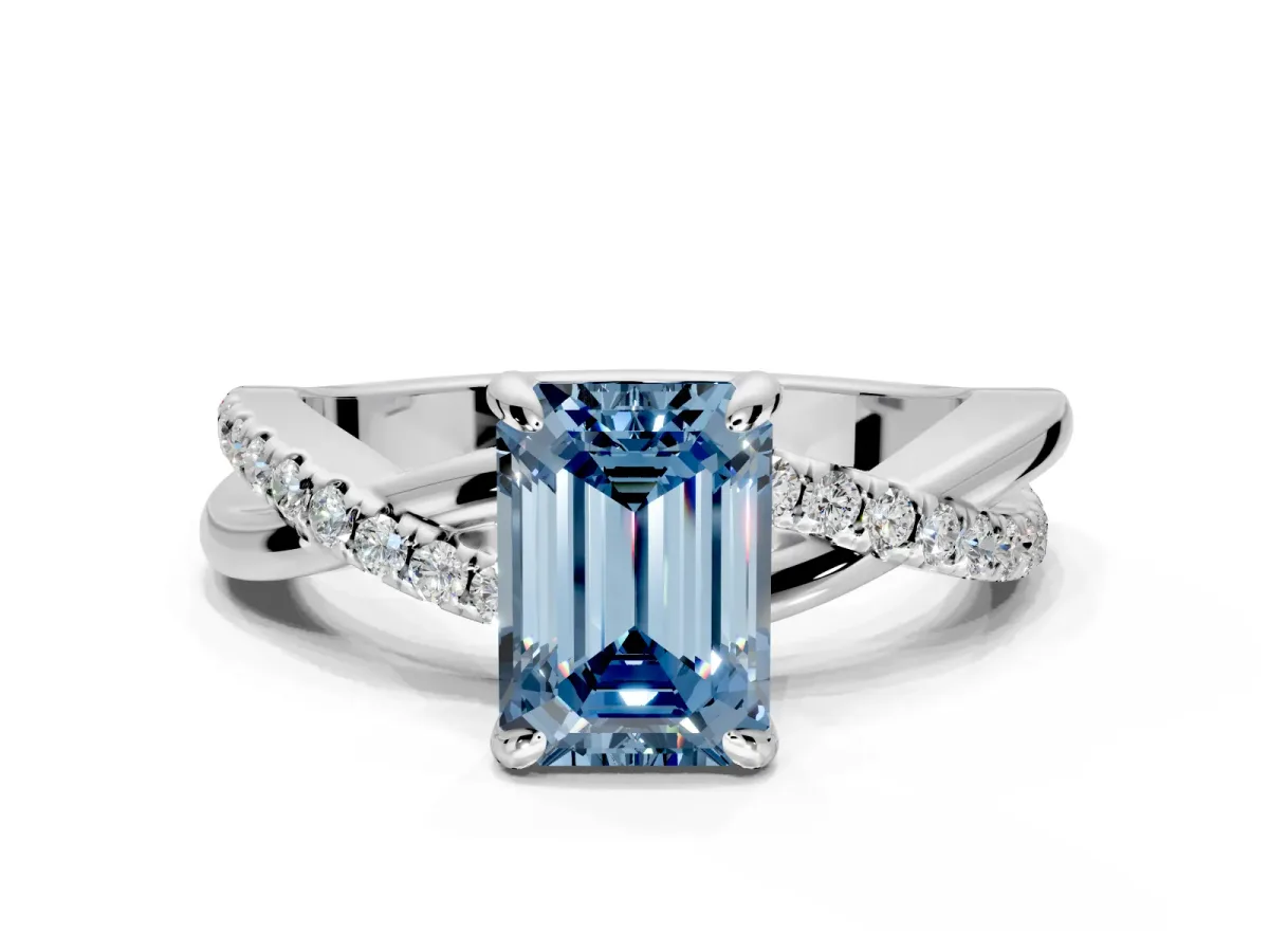 Solitaire Engagement Ring Setting for Fancy Blue Emerald Cut Center with Half-Pave Crossover Band and Prong Head in Sterling Silver