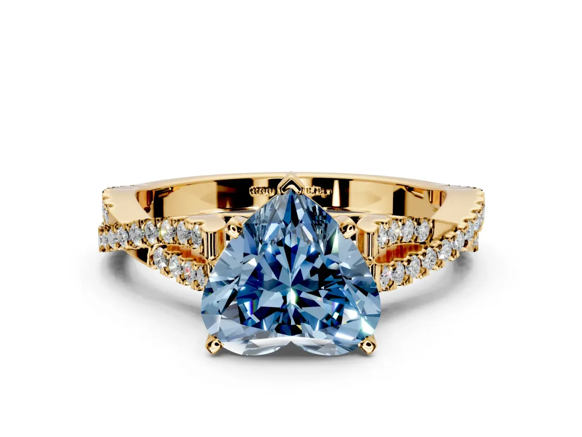 Solitaire Engagement Ring Setting for Fancy Blue Heart-Shaped Center with Twisted Pave Split Shank and Prong Head in Yellow Gold