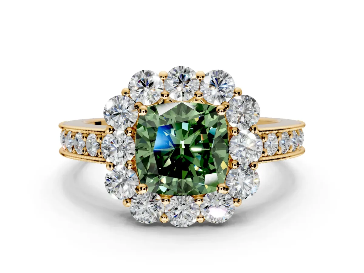 Halo Engagement Ring Setting for Fancy Green Cushion Cut Center with Milgrain Channel Band and Prong Head in Yellow Gold