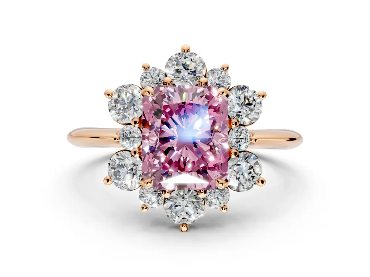Small-Accent Cluster Halo Engagement Ring Setting for Fancy Pink Radiant Cut Center with Plain Band and Prong Head in Rose Gold