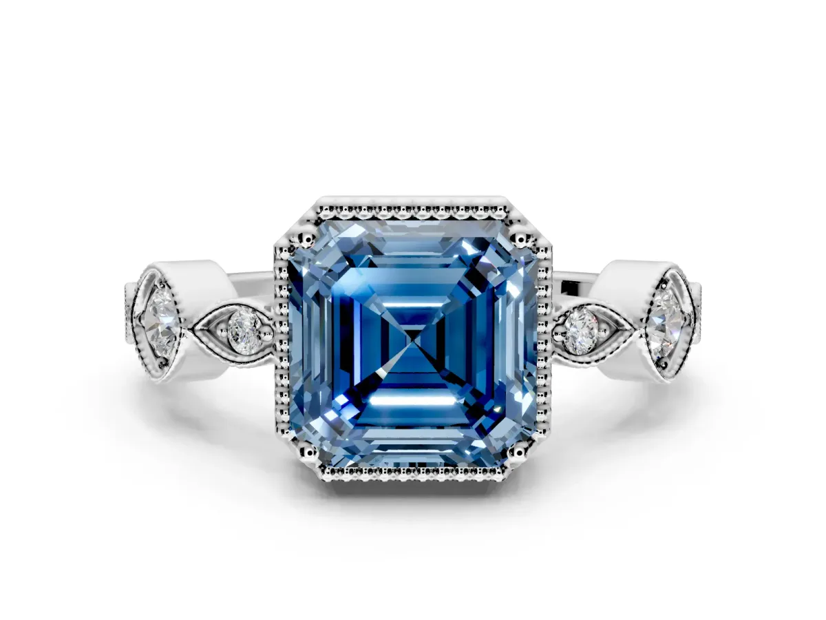 Vintage Station Engagement Ring Setting for Fancy Blue Asscher Cut Center with Accents and Prong Head in Platinum
