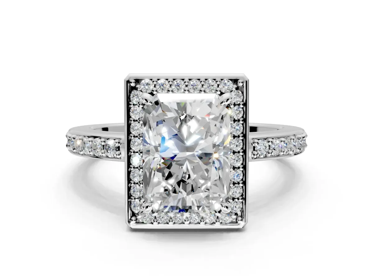 Halo Engagement Ring Setting for Radiant Cut Center with Metal-Rimmed Halo, Pave Band and Prong Head in White Gold
