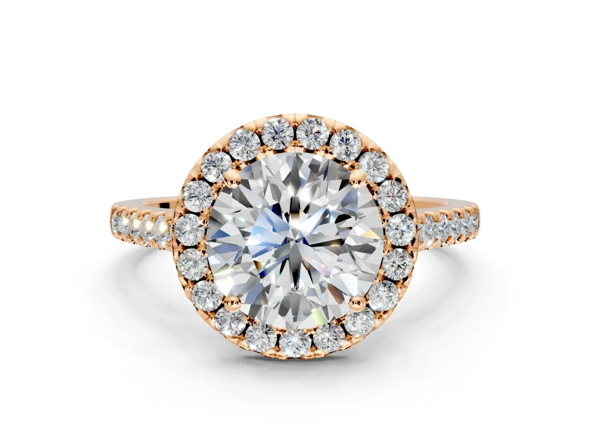 Halo Engagement Ring Setting for Round Cut Center with Narrowing Pave Band and Prong Head in Rose Gold