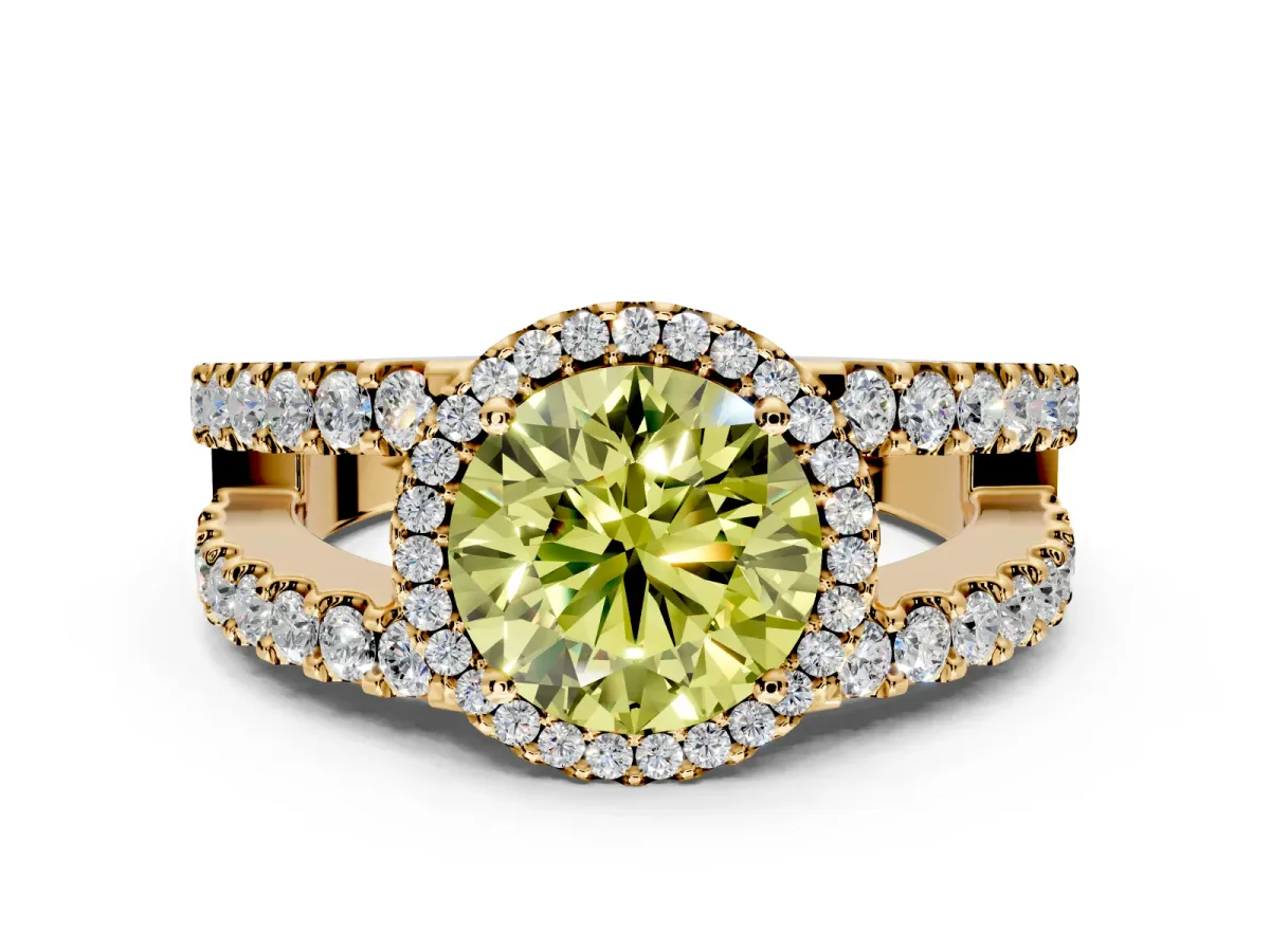 Halo Engagement Ring Setting for Fancy Yellow Round Cut Center with Wide-Open Pave Split Shank and Prong Head in Yellow Gold
