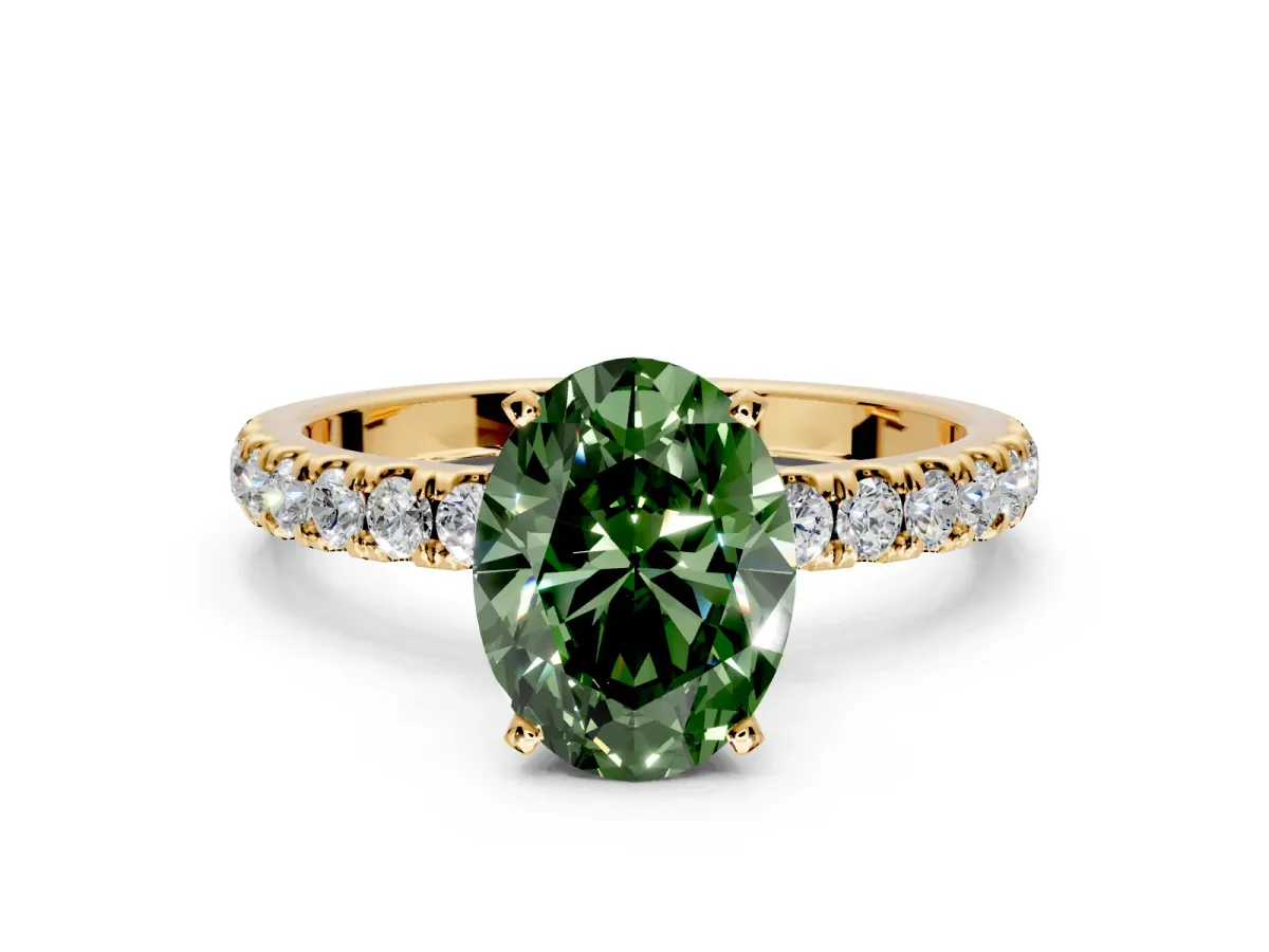 Open Basket Engagement Ring Setting for Fancy Green Oval Center with Pave Band and Prong Head in Yellow Gold