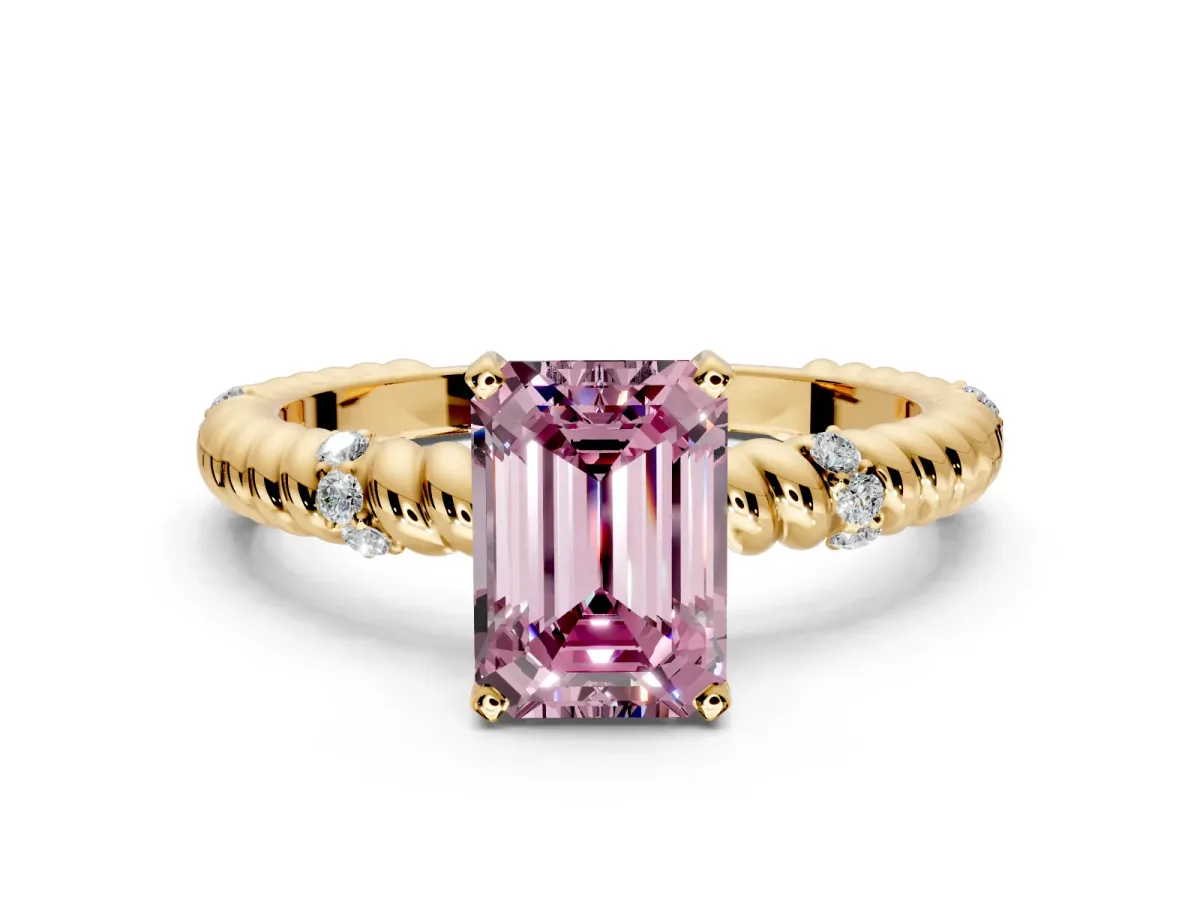 Rope Engagement Ring Setting for Fancy Pink Emerald Cut Center with Accent Shoulders and Prong Head in Yellow Gold