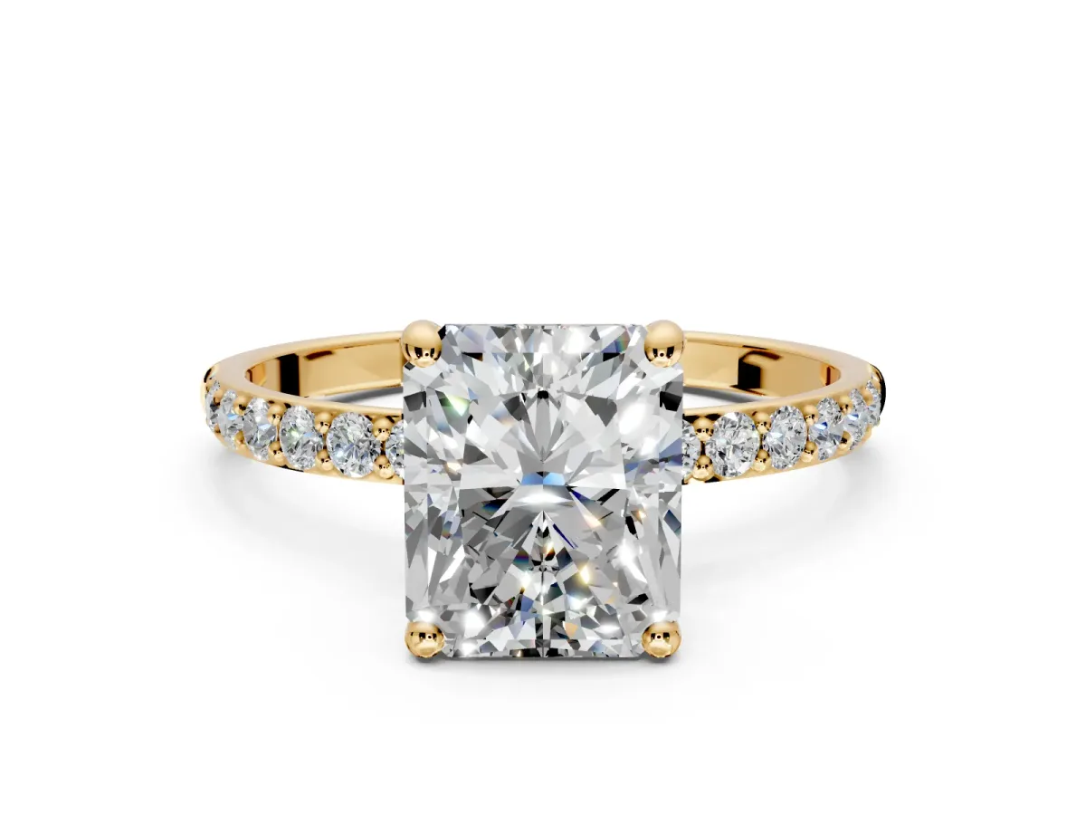Solitaire Engagement Ring Setting for Radiant Cut Center with Pave Accents and Prong Head in Yellow Gold