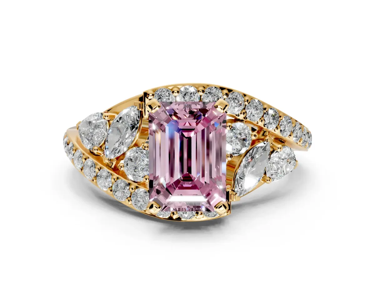 Halo Engagement Ring Setting for Fancy Pink Emerald Cut Center with Marquise and Pave Bypass Band and Prong Head in Yellow Gold