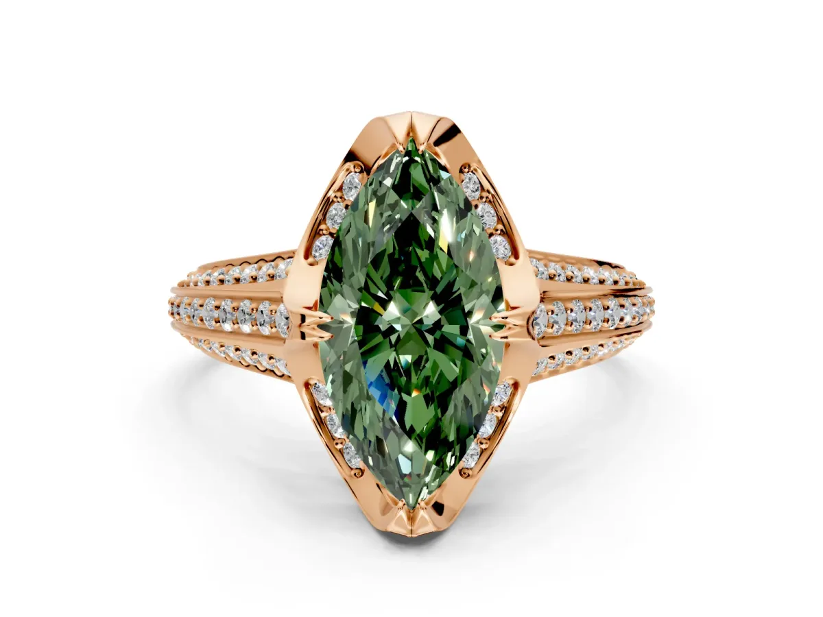 Solitaire Engagement Ring Setting for Fancy Green Marquise Center with Accented Split Shank and Prong Head in Rose Gold
