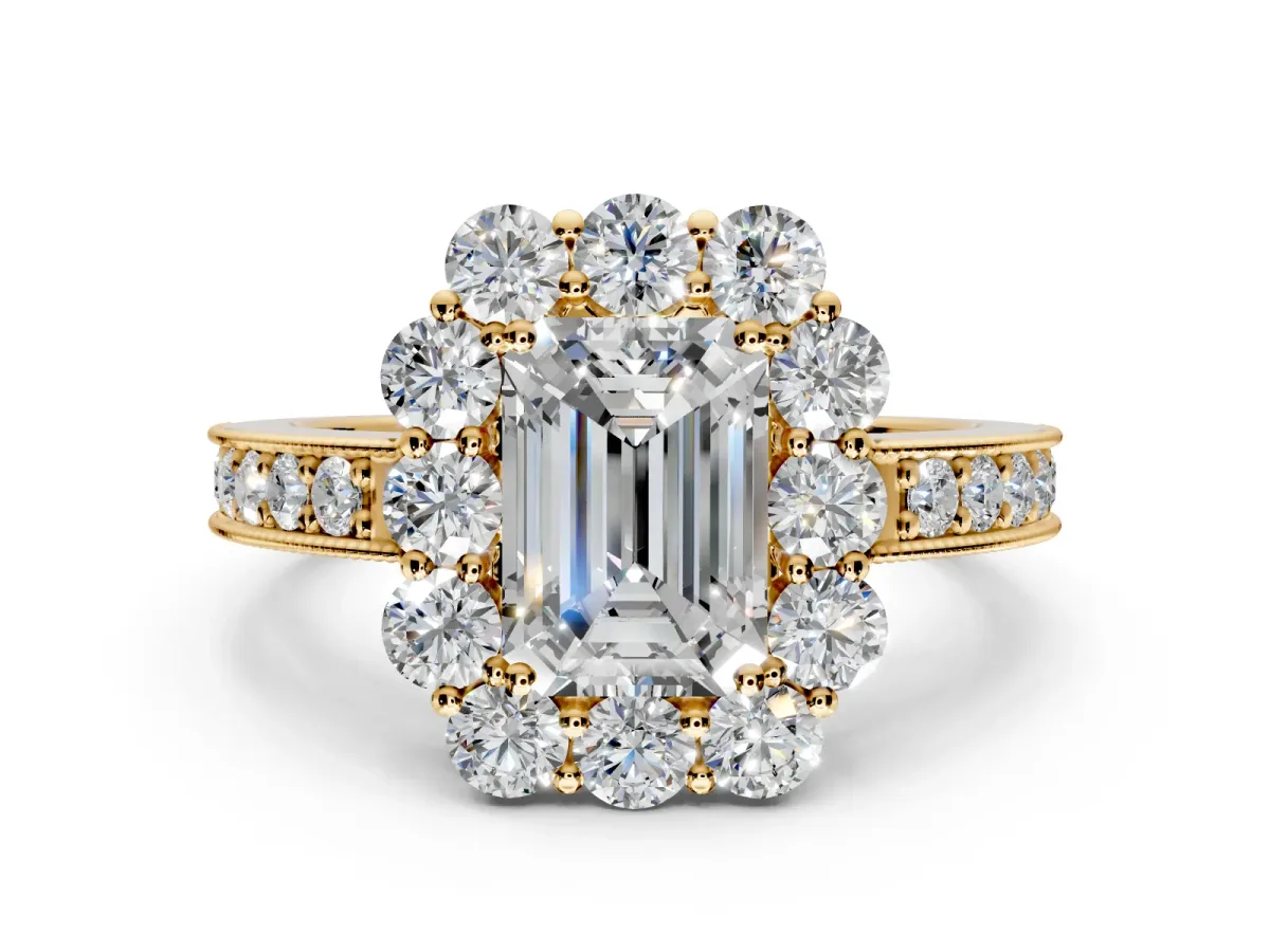 Halo Engagement Ring Setting for Emerald Cut Center with Milgrain Channel Band and Prong Head in Yellow Gold