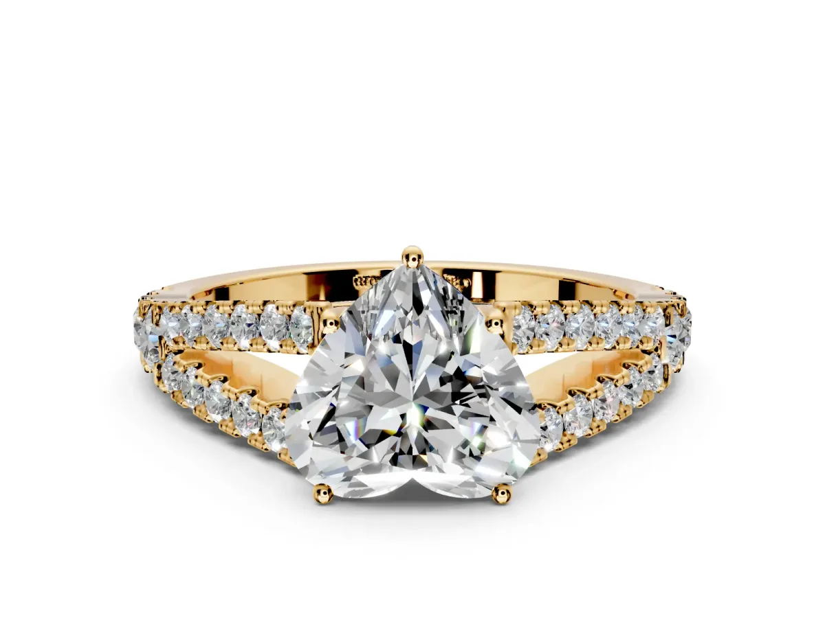 Solitaire Engagement Ring Setting for Heart-Shaped Center with Pave Split Shank and Prong Head in Yellow Gold