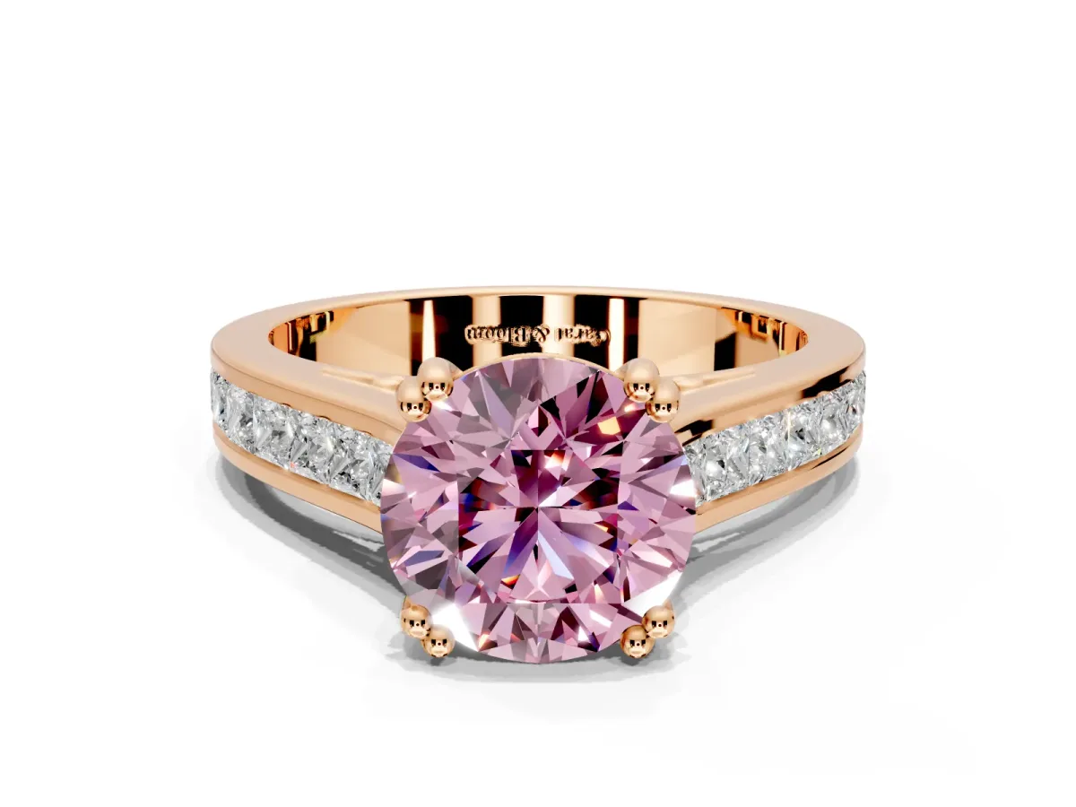 Solitaire Engagement Ring Setting for Fancy Pink Round Cut Center with Channel Band and Double Claw Prong Head in Rose Gold
