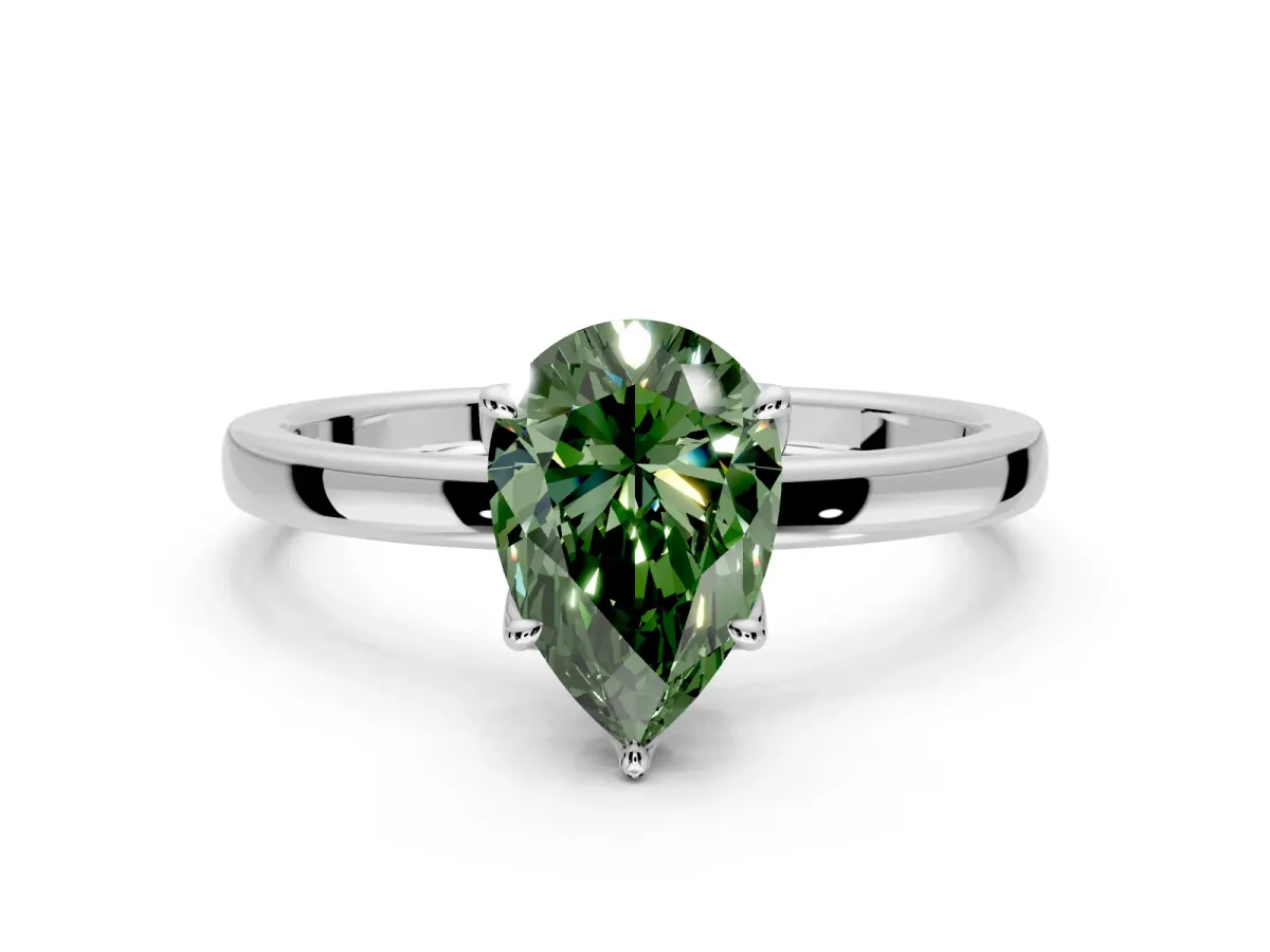 Solitaire Engagement Ring Setting for Fancy Green Pear-Shaped Center with Thin Rounded Plain Band and Prong Head in Sterling Silver