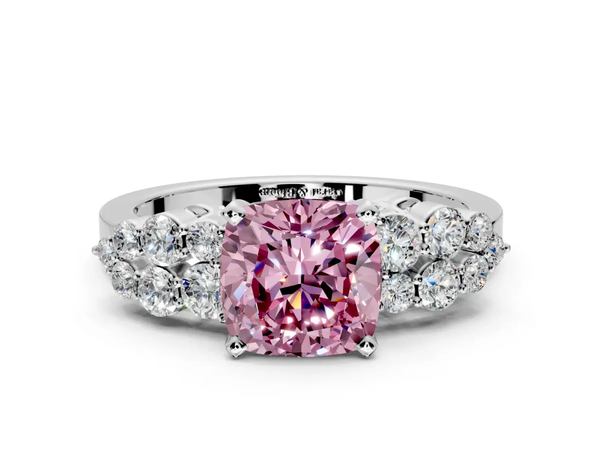 Cluster Engagement Ring Setting for Fancy Pink Cushion Cut Center with 2-Row Shoulder Clusters and Prong Head in Sterling Silver