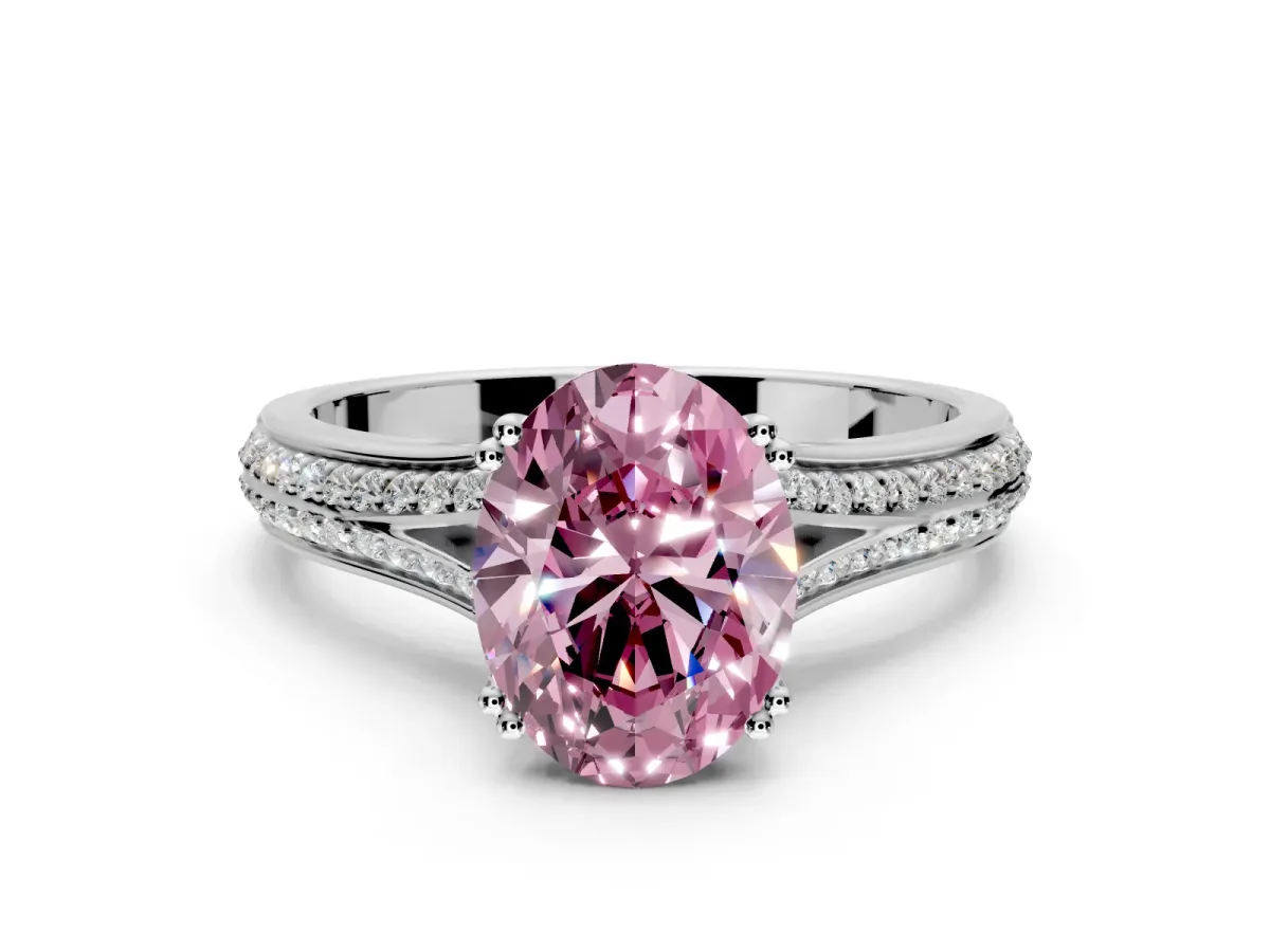 Solitaire Engagement Ring Setting for Fancy Pink Oval Center with Pave Rail Split Shank and Prong Head in Platinum