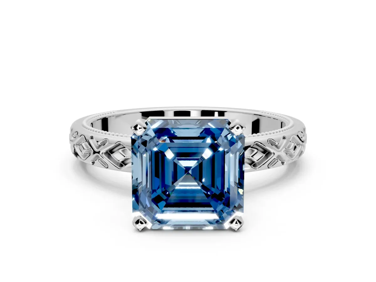 Solitaire Engagement Ring Setting for Fancy Blue Asscher Cut Center with Milgrain X Pattern Band and Prong Head in Sterling Silver