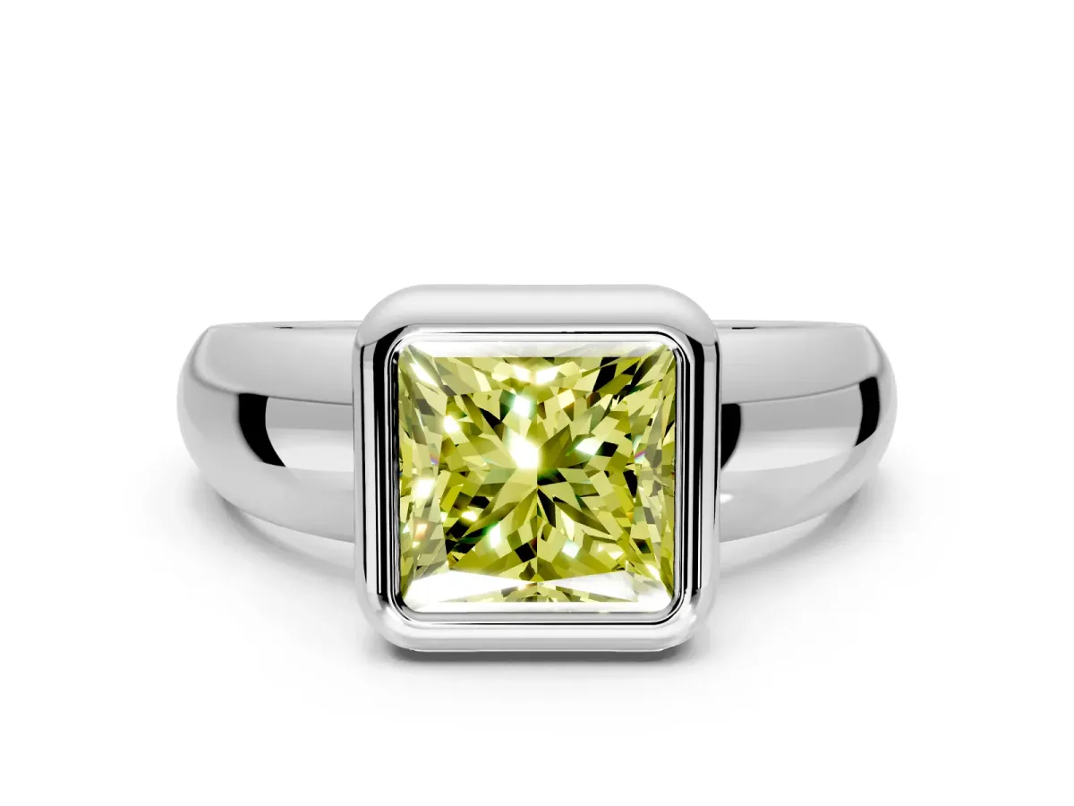 Solitaire Engagement Ring Setting for Fancy Yellow Princess Cut Center with Wide Band and Bezel Head in Platinum