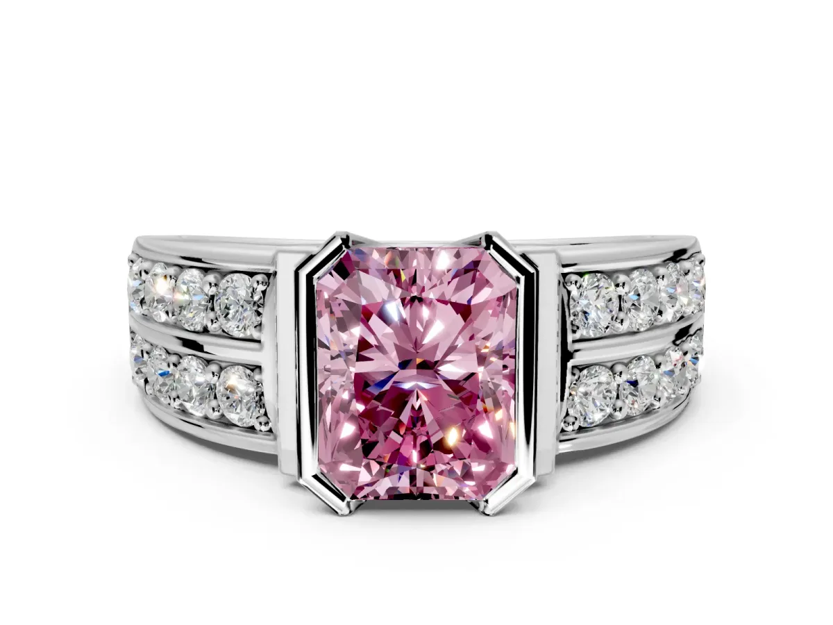 Bezel Engagement Ring Setting for Fancy Pink Radiant Cut Center with Wide Channel-Set Band and Bezel Head in Platinum