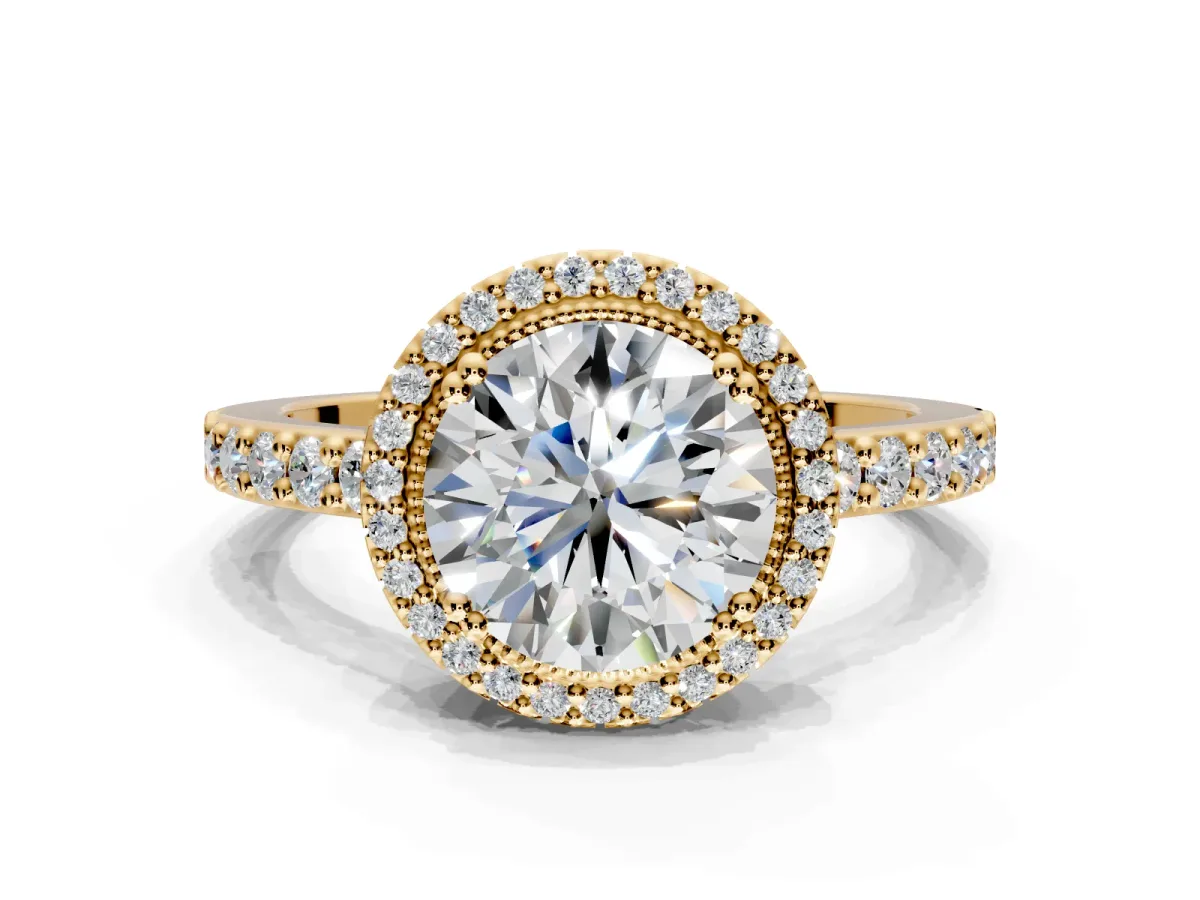 Halo Engagement Ring Setting for Round Cut Center with Inner Milgrain Border and Prong Head in Yellow Gold